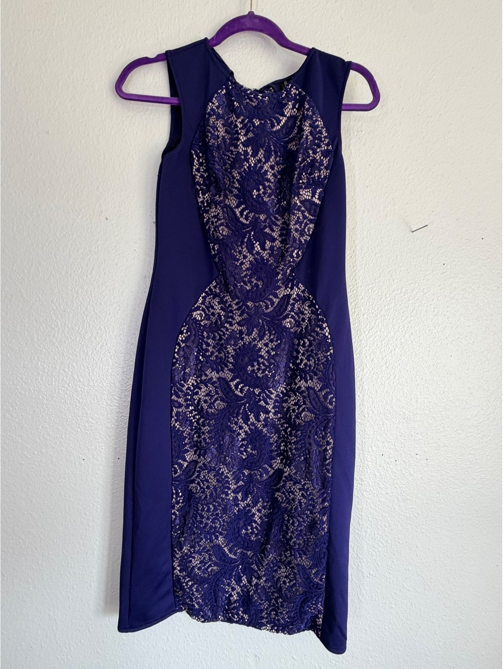 Heart Hips Heels Lace Illusion Bodycon Midi Dress Blue Size 8